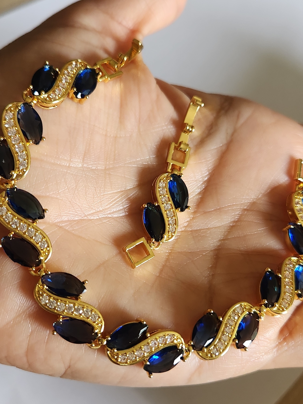 New 18K Gold Plated Marquise Cut Blue Sapphire Diamond Bracelet With Extender